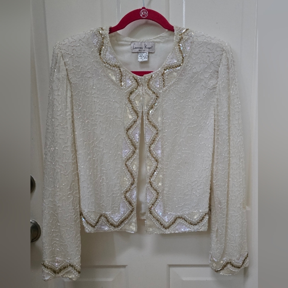 Vtg Laurence Kazar 100% Silk Lining Elegant Cream and Gold Beaded Jacket Sz XL